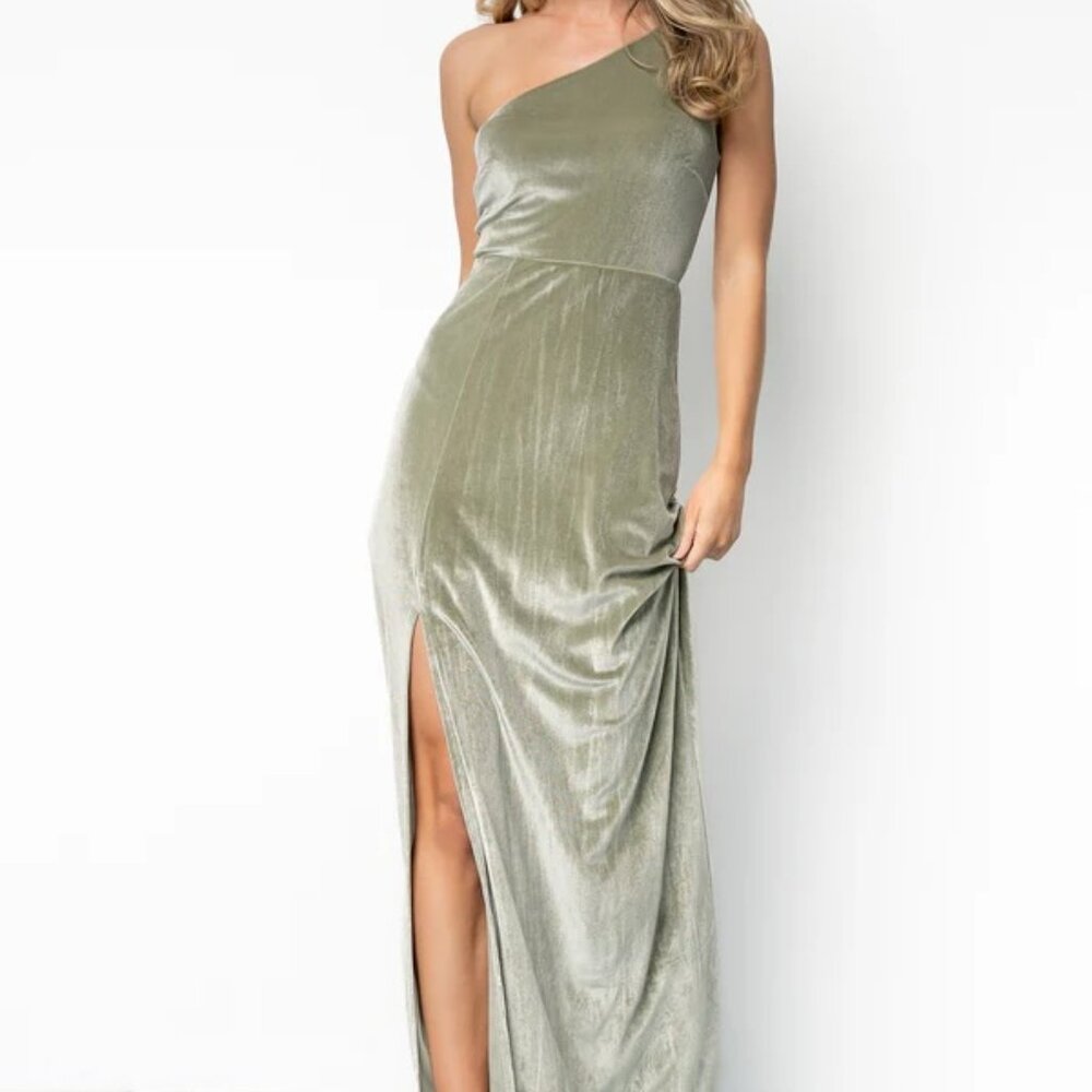 Sage Velvet One Shoulder Maxi Dress